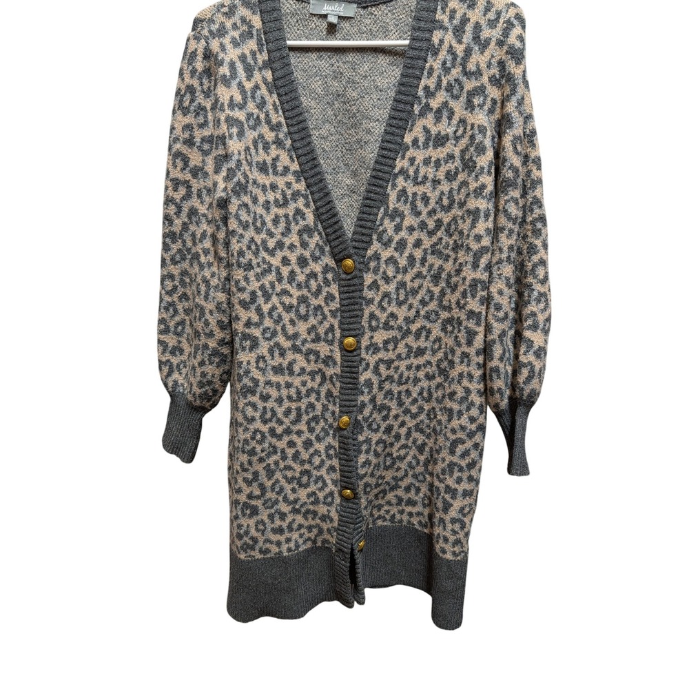 Marled Leopard Print Cardigan Women Small Gray Tan Excellent Gold Button Long